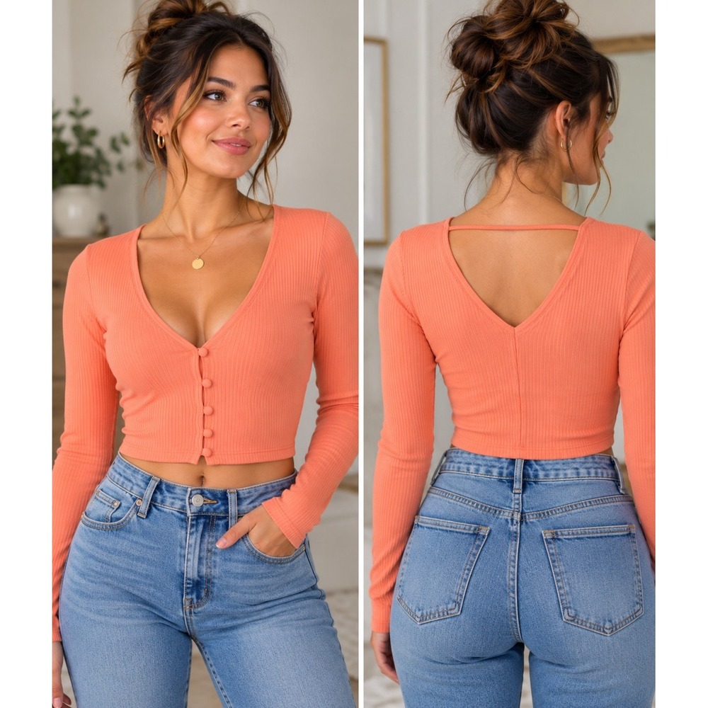 AFRM Women's M Coral Ribbed Cropped Top Button Front Y2K Going Out V-Neck V-Back